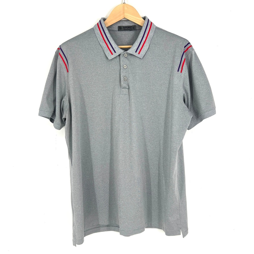 G/FORE Men's Gray Heathered Golf Polo Shirt XL‎ Striped Collar Red Blue Purple